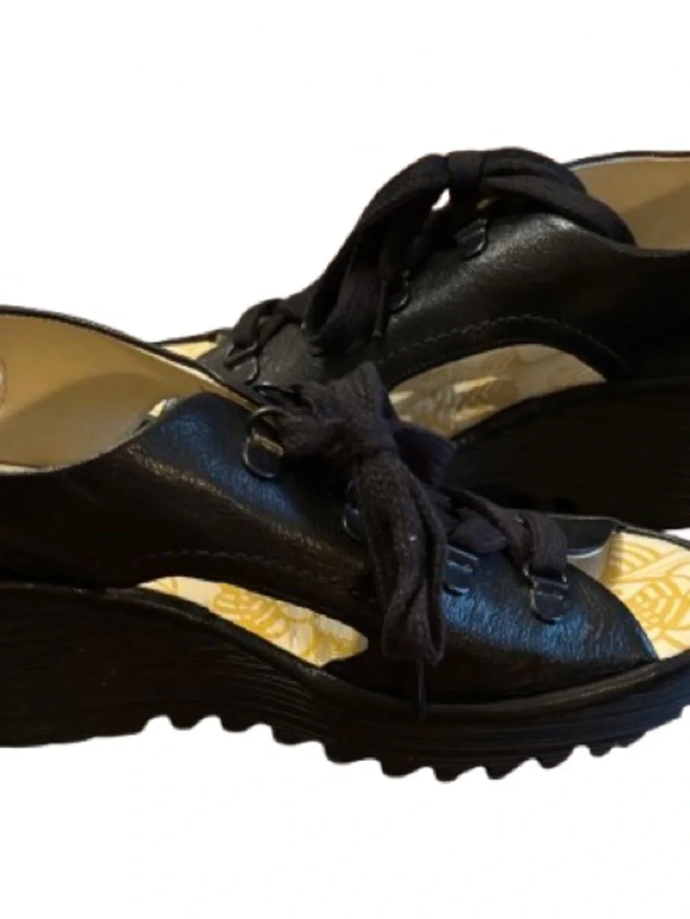 Fly London Ylfa Mousse Black Leather Lace-Up Wedge Sandals Size 38 (US 7.5-8)